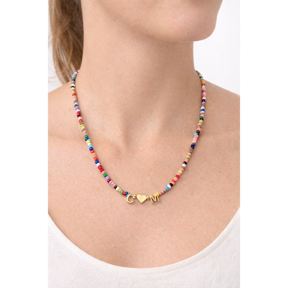 C M Heart Initial Beaded Necklace Gold Plated Adjustable Choker